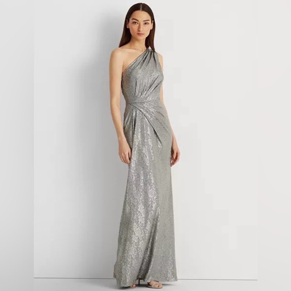 Lauren Ralph Lauren Elegant Silver One-Shoulder Dress